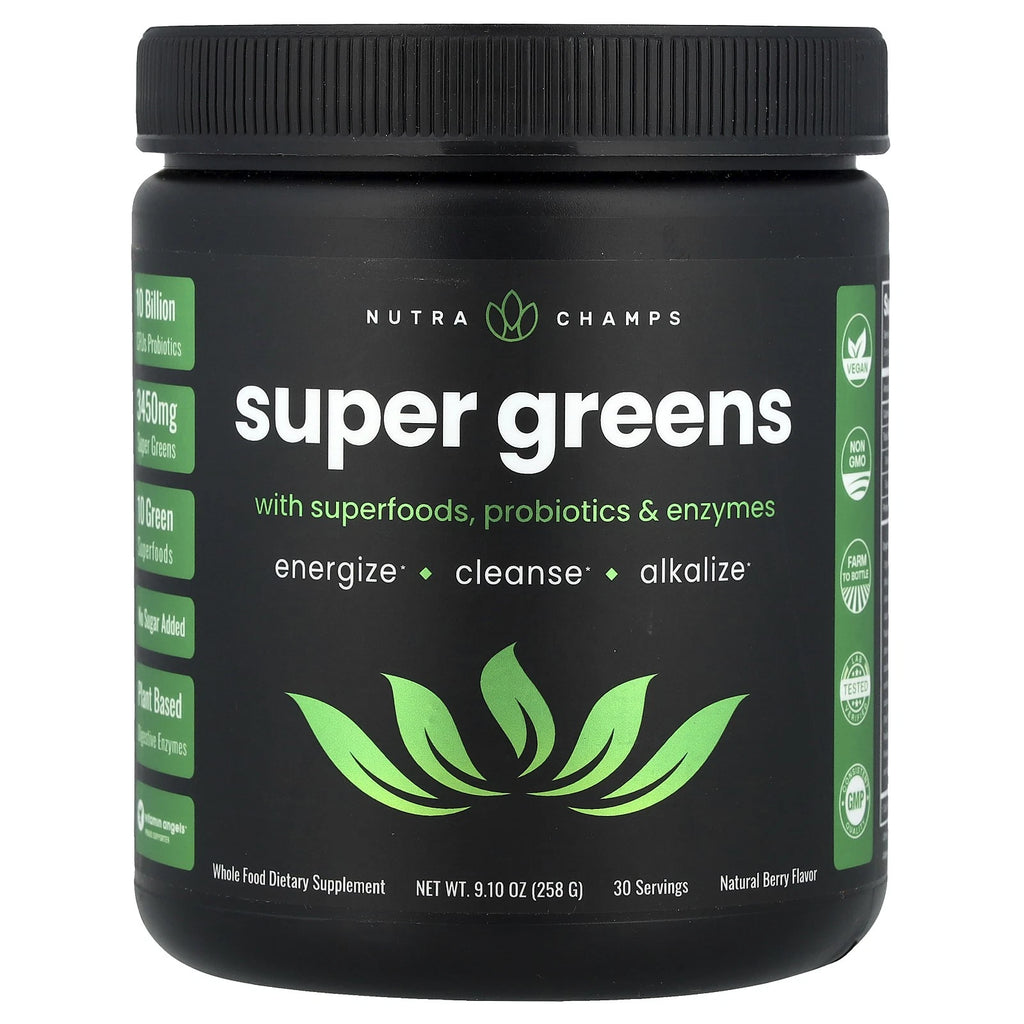 NutraChamps Super Greens Powder with Superfoods, Probiotics & Digestive Enzymes, Natural Berry, 9.10 oz (258 g)