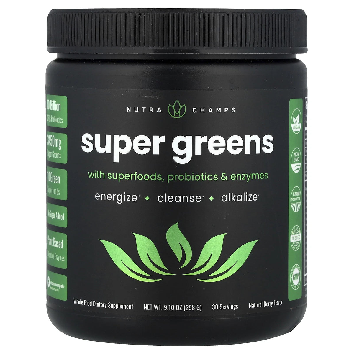 NutraChamps Super Greens Powder with Superfoods, Probiotics & Digestive Enzymes, Natural Berry, 9.10 oz (258 g)